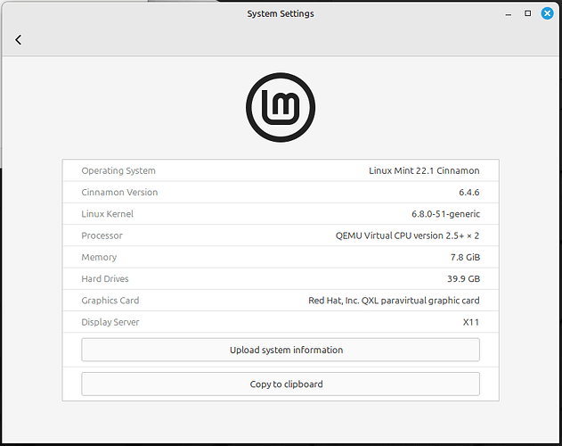 Linux Mint 21 system info page