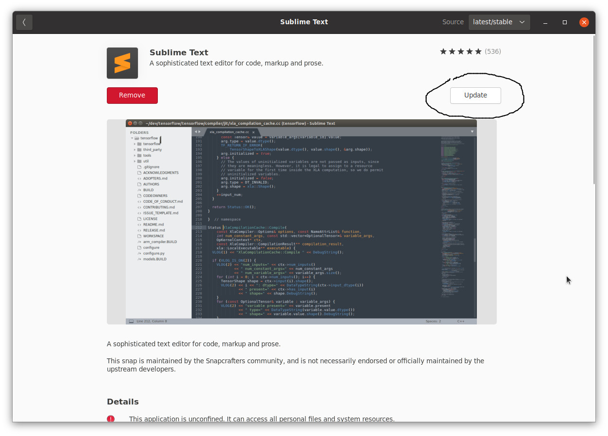 Snap store Update button - snap - snapcraft.io